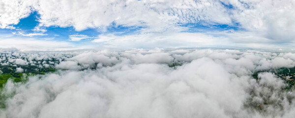 Aerial drone view of Lampang city Thailand, The mist of the rainy season in the morning, The form of banners for the concept
