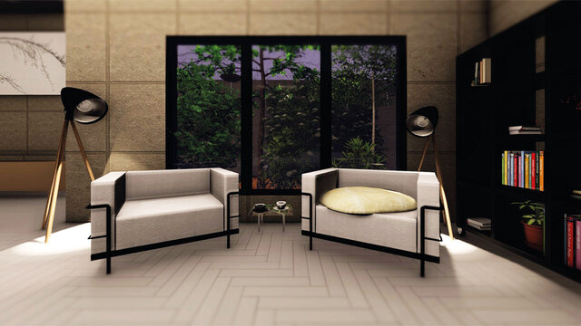 indoor house rendering of two chairs and a window on a rainy day. 