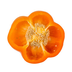 Sweet orange pepper, half, cutaway isolated on white background close up