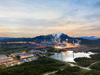 Aerial view, Panoramic view of coal-fired power plants in a large area The machine is working to...