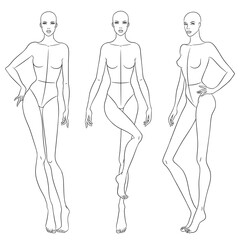 Beautiful slim woman in different poses, vector illustration. Nine head fashion figure template. Female body, front, side and back views.