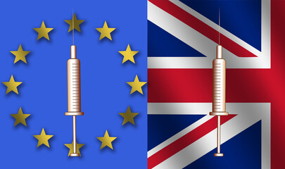 Covid vaccine syringes  over United Kingdom and European Union flags