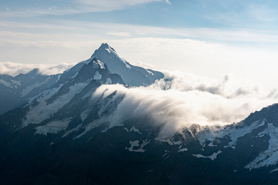 Aerial view of Mt. Cook covered with snow, Mt. Cook National Park, New Zealand