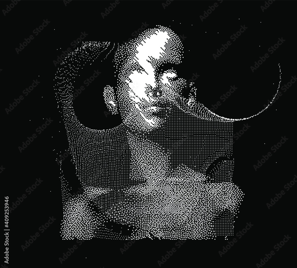 Poster Human head made of the array of particles, pixelated and glitched portret of supreme artificial intelligence. Generative computer art.