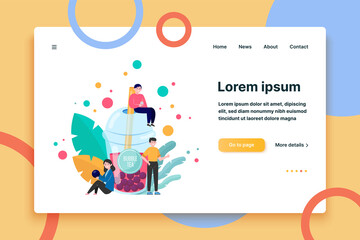 Bubble milk tea flat vector illustration. Cartoon cute tiny people sitting near big plastic mug and drinking boba beverage. Summer and Asian drinks concept