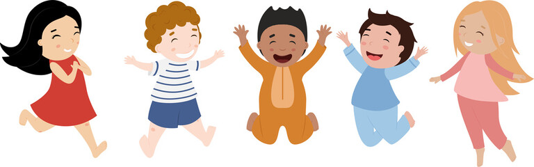 children of different nationalities jumping in a place in pajamas on a white background