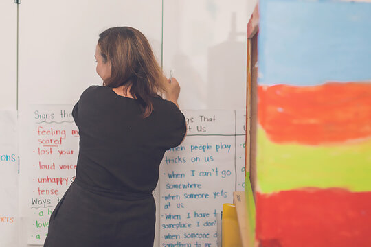 Elementary School teacher putting up posters on the wall.
