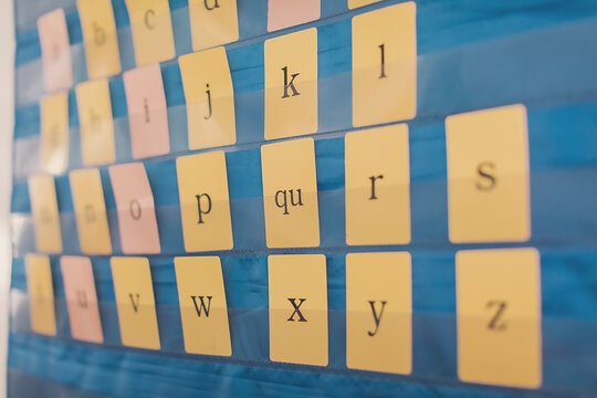 Alphabet cards on blue board on the wall of Elementary School.