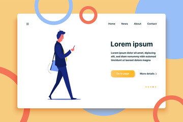 Busy workaholic in suit with smartphone. Busy person flat vector illustration. Active life style, work, business concept for banner, website design or landing web page.