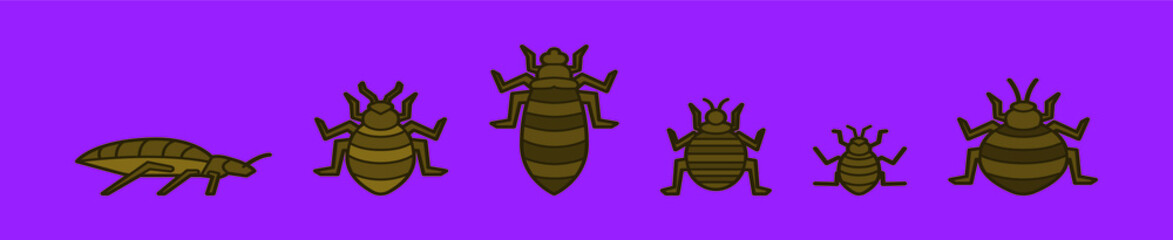 set of bedbug cartoon icon design template with various models. vector illustration isolated on purple background