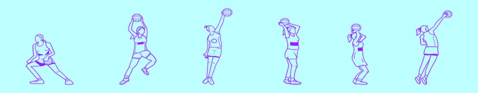 Set Of Netball Cartoon Icon Design Template With Various Models. Vector Illustration Isolated On Blue Background