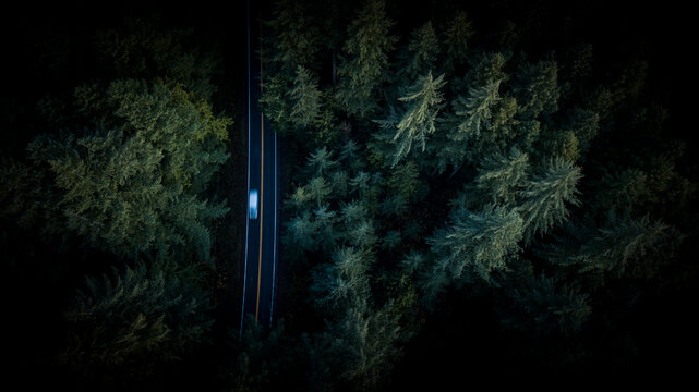 Aerial View of car motion blur through road in Pacific Northwest