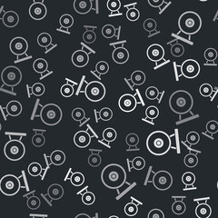 Grey Gong musical percussion instrument circular metal disc icon isolated seamless pattern on black background. Vector.