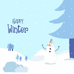 Festive background, happy winter. Winter banner with a snowman. Snowy winter background.