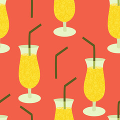 Seamless pattern with the image of a cocktail and a cocktail straw. Bright color scheme. Using a texture.