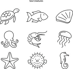 Sea creatures line icon set. Set of line icons on white background. Maritime concept. Shell, turtle, fish, whale. Vector illustration can be used for topics like sea.