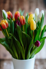 Colorful tulips with wooden background, spring flower still life