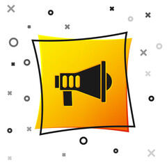 Black Megaphone icon isolated on white background. Speaker sign. Yellow square button. Vector.