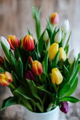 Obraz premium Colorful tulips with wooden background, spring flower still life