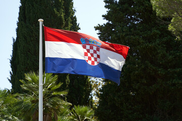 Waving flag of Croatia on summer trees background