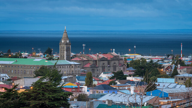 Santuario Maria Auxiliadora seen from Mirador De Los Sonadores against sky at twilight, Punta Arenas, Patagonia, Chile