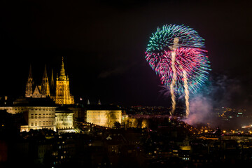 Prague Castle with firework display during New Year celebration at night, Prague, Czech Republic