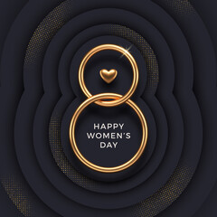 8 March - International women's day vector illustration. Realistic gold metal number eight and heart on a black  layered background with golden halftone.  - obrazy, fototapety, plakaty