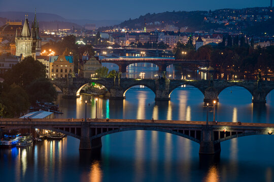 Bridges over Vltava river seen from Letna park at night, Prague, Bohemia, Czech Republic