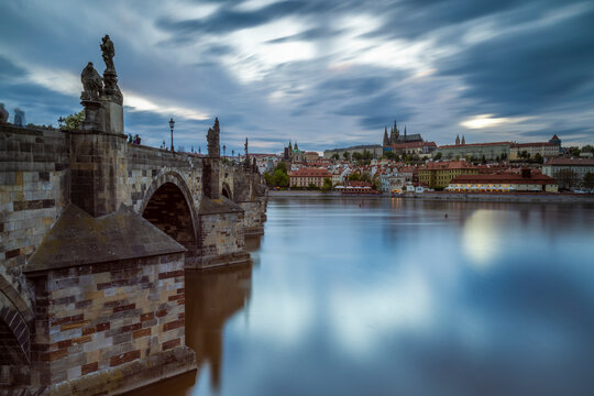 Prague Castle and Charles bridge on Vltava River in city, Prague, Bohemia, Czech Republic
