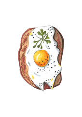 watercolor illustration of a delicious fried egg with bread and herbs