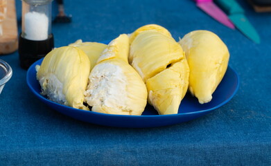 flesh yellow durian king of fruits on dish ready to eat