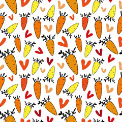 Funny pattern with carrot and hearts. Cartoon style vector endless texture on white background. Can be used as a print for fabric, wrapping paper, tableware, notebook cover.
