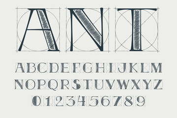 Alphabet and numbers set with construction grid lines. © kaer_fstock