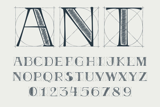 Alphabet and numbers set with construction grid lines.