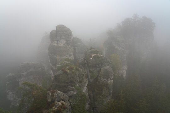 Sandstone rock formations seen from Lion's view (Vyhl&iacute;dka u lv&iacute;čka), Hruba Skala, Semily District, Liberec Region, Bohemian Paradise, Bohemia, Czech Republic