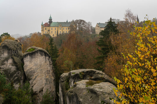 Hruba Skala Castle against cloudy sky, Hruba Skala, Bohemian Paradise, Czech Republic