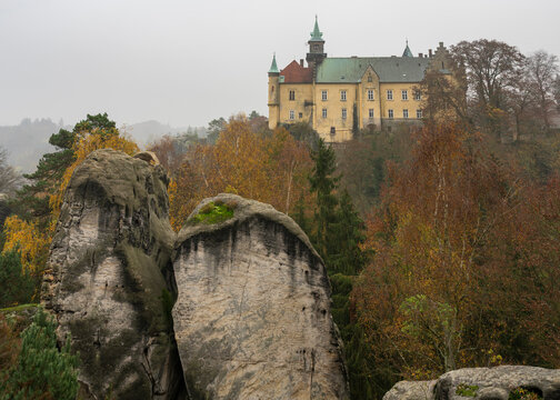 Hruba Skala Castle against cloudy sky, Hruba Skala, Bohemian Paradise, Czech Republic