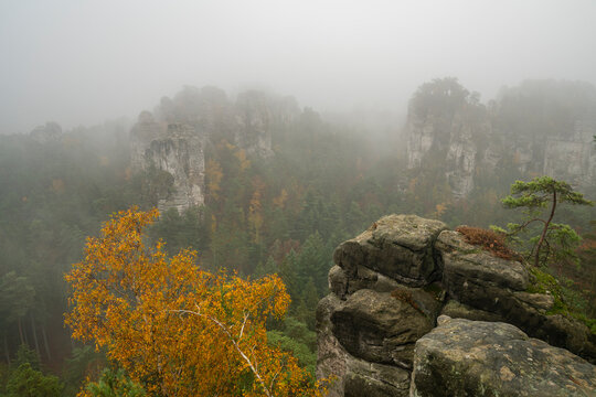 Sandstone rock formation in mist, Janova vyhlidka, Hruba Skala, Semily District, Liberec Region, Bohemian Paradise, Bohemia, Czech Republic