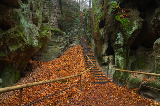 Adamovo loze rock formation in autumn, Hruba Skala, Bohemian Paradise, Semily District, Liberec Region, Bohemia, Czech Republic