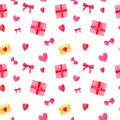 Watercolor Hand Painted Illustration Seamless Pattern Print Valentine's Day Pink Bow Ribbon Heart Gift Box White Background