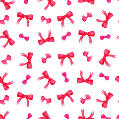 Watercolor Hand Painted Illustration Seamless Pattern Print Valentine's Day Pink Bow Ribbon White Background