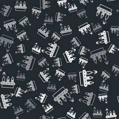 Grey Brewery factory production line pouring alcoholic drink in glass bottles icon isolated seamless pattern on black background. Vector.