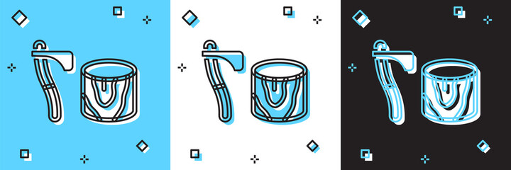 Set Wooden axe in stump icon isolated on blue and white, black background. Lumberjack axe. Axe stuck in wood. Chopping wood. Vector.