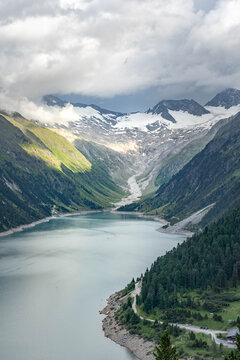 Glacier view of Schlegeisspeicher reservoir in zillertal Austria