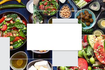 Collage of vegetarian variety dishes on black background. Healthy vegan food.