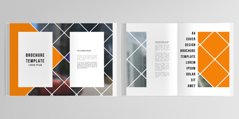 3d realistic vector layout of cover mockup templates for A4 bifold brochure, cover design, book, magazine, brochure cover. Abstract design project in geometric style with squares and place for a photo