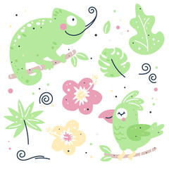 Hand drawn childish set with chameleon and parrot.