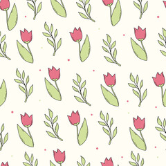 seamless pattern with hand drawn tulips and leaves on white background for spring prints, wrapping paper, textile, packaging, etc