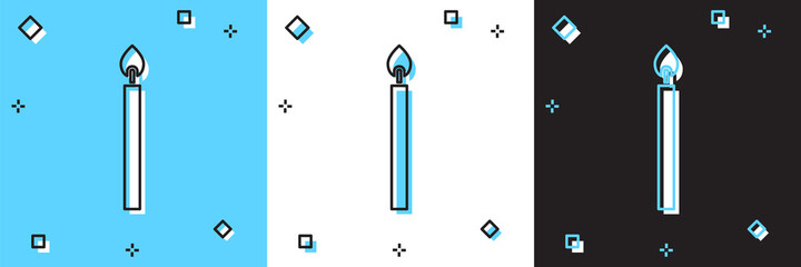 Set Burning candle icon isolated on blue and white, black background. Cylindrical candle stick with burning flame. Vector.