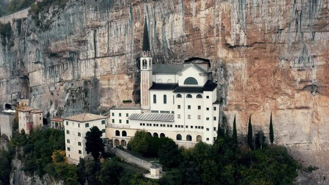 Aerial view over secret church in the mountains.